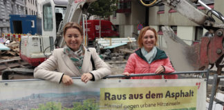 (C) BV 4: Die Bezirksvorsteherinnen Silvia Jankovic (Margareten, l.) und Lea Halbwidl (Wieden, r.) beim Lokalaugenschein auf der Baustelle Mittersteig.