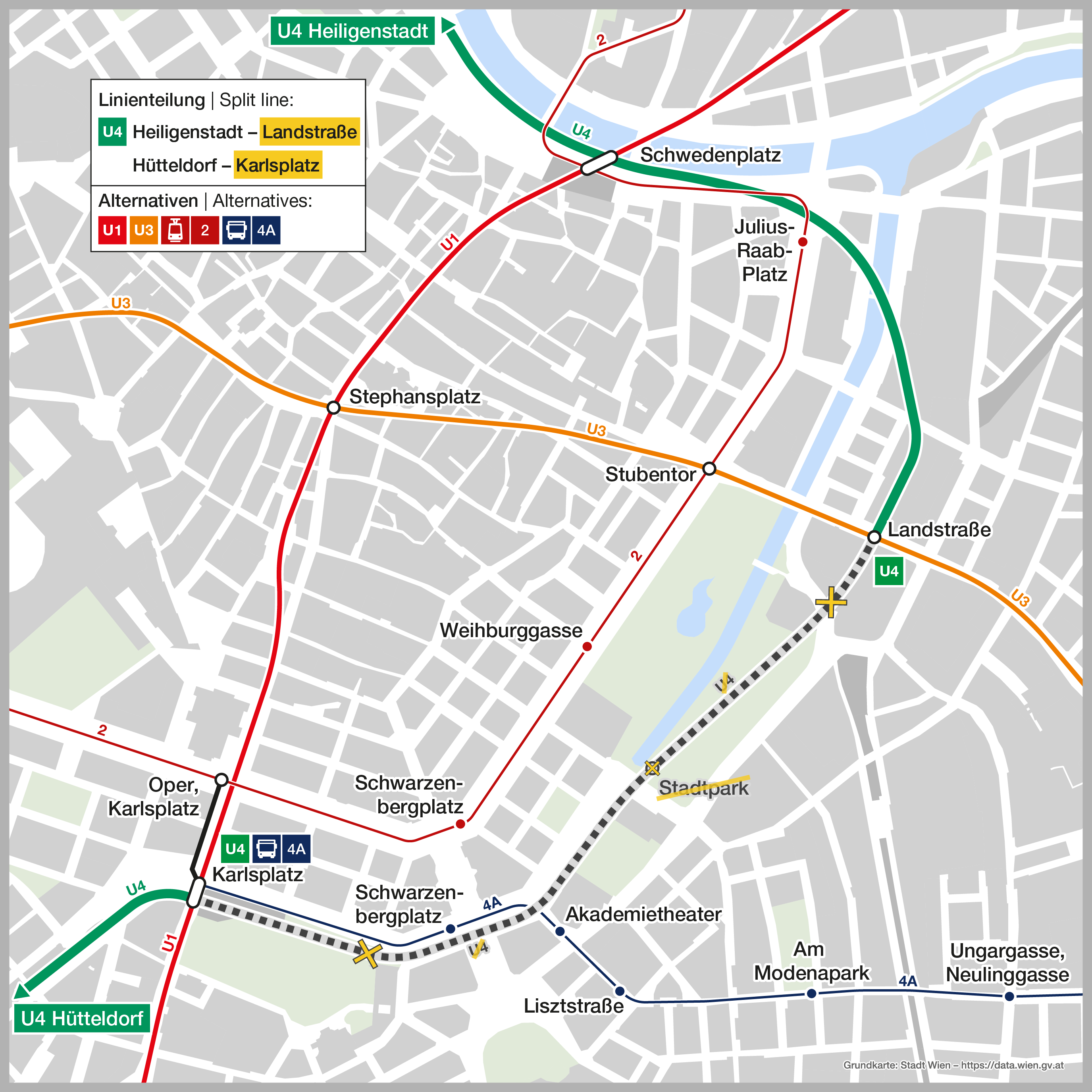 (C) Wiener Linien / Manfred Helmer: In den Semesterferien ist die U4-Strecke zwischen Station Karlsplatz bis zu Landstraße/Wien Mitte gesperrt.