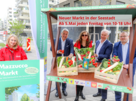 (C) PID/Fürthner: Der neue Mazzucco Markt wird am 5. Mai eröffnet. Im Bild Bezirksvorsteher der Donaustadt Ernst Nevrivy (2.v.l.), Märktestadträtin Ulli Sima (m.), Wien 3420-Planungsvorstand Robert Grüneis (2.v.r.) und Marktamtsdirektor Andreas Kutheil (r.).