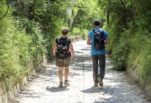 Zwei Wanderer von hinten betrachtet.