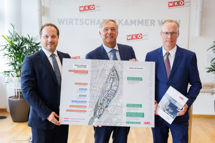 Bezirksvorsteher Resch, WKW-Präsident Ruck und WKW-Direktor-Stv. Biach präsentierten die Potenziale des Stadtquartiers.