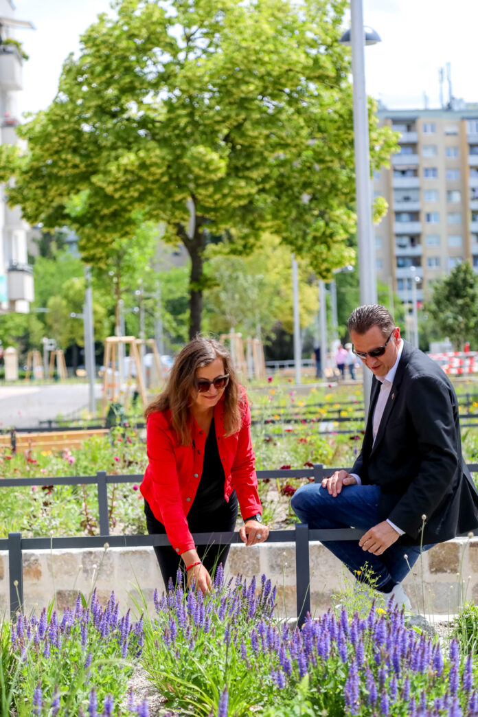 Planungsstadrätin Ulli Sima und Simmeringer Bezirksvorsteher Thomas Steinhart vor Blumenwiese am Svetelskyplatz