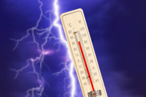 A thermometer, heat and thunderstorms