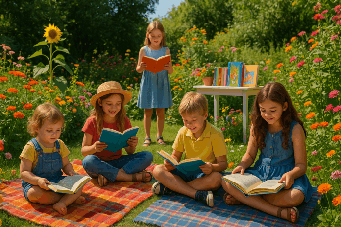 Kinder lesen im Garten Kinder lesen im Garten