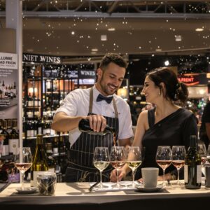 Paar hinter Messestand schenkt Weine aus © AI-generated