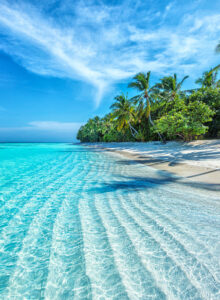 Strand mit Palmen an einem flachen Strandabschnitt mit türkisblauen Meer 