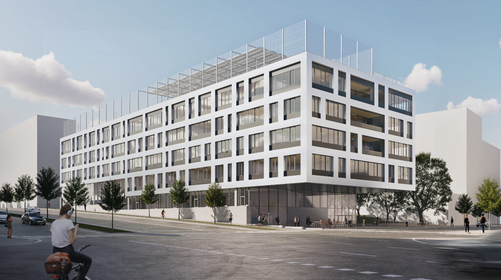 Vertikale Tragelemente betonen den schwebenden Charakter des Gebäudes im Bereich des Haupteingangs. Auch die Dachfläche wird als als Sportbereich genutzt. © Kronaus Mitterer Architekten