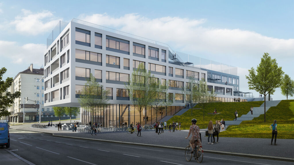Die Terrassen sind weitläufig angelegt und teilweise bepflanzt. Lernen im Grünen wird hier zum Statement. © Kronaus Mitterer Architekten 