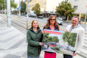 Angelika Pipal-Leixner, Sprecherin für Mobilität und Umwelt, NEOS Wien, Planungsstadträtin Ulli Sima und Bezirksvorsteher Thomas Steinhart © Stadt Wien/Christian Fürthner