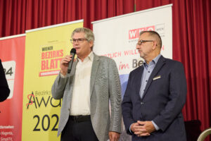 Seit einigen Jahre unterstützt die Volksbank die Vergabe der Awards: im Bild Gerhard Blak (l., Kommerzkundenbetreuung) und Thomas Hejna (r., Filialleiter Landstraße) von der Volksbank Wien. © Stefan Burghart
