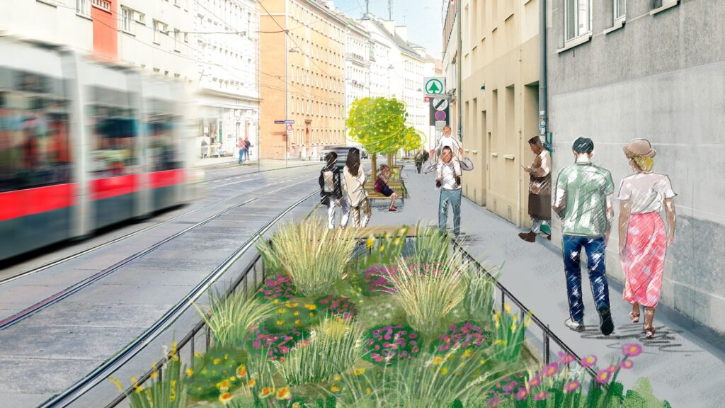In der Camillo-Sitte-Gasse im 15. Bezirk zeigen die Umbaumaßnahmen gegen Öffi-Verparker erste Wirkung. Im Frühjahr folgen blühende Beete. © message