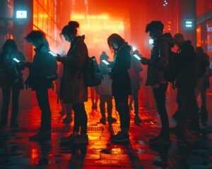 Sieht zwar düster-futuristisch aus, ist aber eigentlich auch schon Realität. Viele von uns hängen zu oft am Smatphone und Scrollen, Swipen, Tippen, lassen uns berieseln .. selbst auf der Straße. © Freepik.com