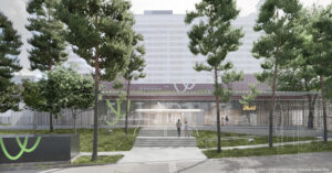 Klinik Landstraße Eingang Frontansicht, Rendering © Haas Haas Architektur + X Architekten