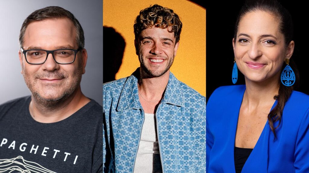 Hilfe bei der schwierigen Entscheidung der Fachjury gibt es von den ESC-Expert:innen Caroline Athanasiadis, Elton und Luca Hänni, die als Kommentator:innen-Panel im Studio die Auftritte begleiten. © ORF/Schönhauser Promotion-Willi Weber, Luca Music-Daniel Kanz, Felicitas Matern