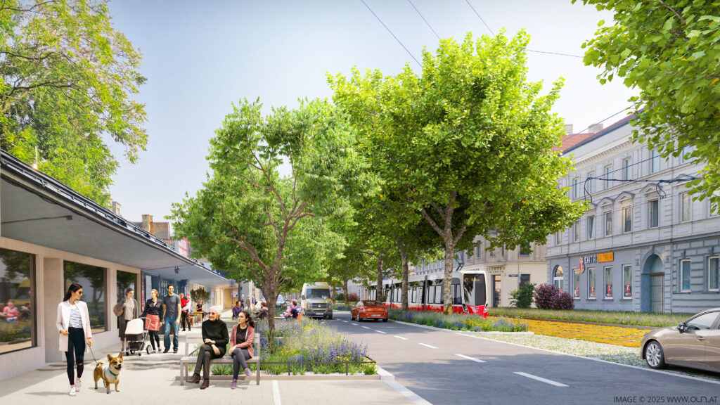 Simmeringer Hauptstraße: Im Abschnitt zwischen Litfaßstraße und Zippererstraße sind über 50 neue Bäume und 3.500 m² Grünflächen geplant.  © 2025 www.oln.at
