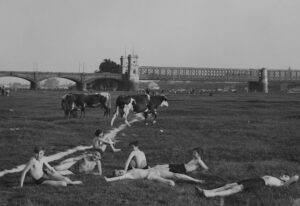 Das Überschwemmungsgebiet - hier vor der alten Reichsbrücke - war schon in früheren Zeiten ein Stück Erholung - wie man nicht nicht nur für Menschen ...Mario Wiberal „Freizeitvergnügen an der alten Reichsbrücke“. © Foto: Milaneum