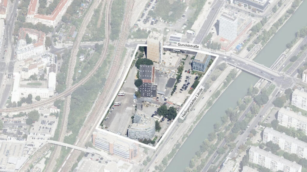 Das Planungsareal umfasst eine Fläche von rund 2,5 Hektar. Ziel ist die Schaffung eines klimafitten Ensembles, dass in innovativer Weise Wohnen und Arbeiten miteinander verbindet. © Stadt Wien/Stadtplan3D