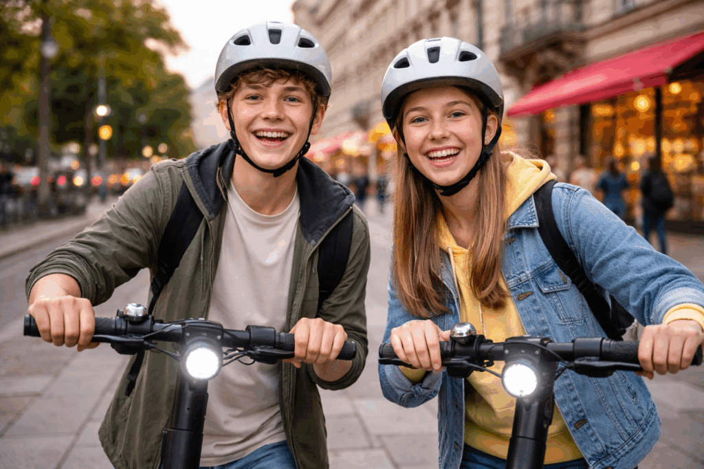 Für Jugendliche, die einen E-Scooter oder ein E-Bike lenken, gilt Helmpflicht. © KI-generiert mit ChatGPT