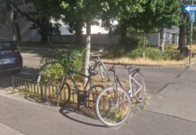 Leser-Ärger: Drei Räder rund um den Baum geparkt! Wilde Radeln im 15. Bezirk abgelegt (Bild: Gerhard C.).
