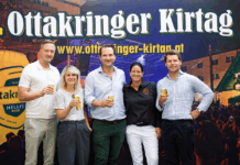 Elf Tage: Heiße Phase vor dem Ottakringer Kirtag läuft Partner: David Krapf-Günther (WSC), Stefanie Lamp (BV), Maximilian Baumer (Veranstalter), Lisi Fröhlich (Gissinger), Florian Hochebner (GF Ottakringer Brauerei). Bild: Kerstin Prokop