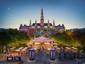 Eine Visualisierung des Eurovision Village, das am Rathausplatz geplant ist. Foto: Stadt Wien Marketing/ZoomVP